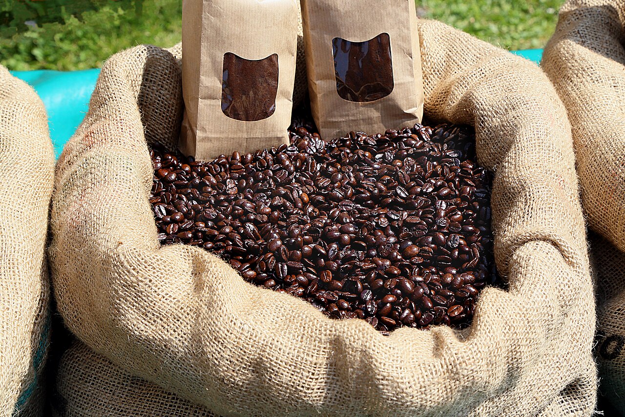 Fresh roasted coffee beans spilling from an open bag