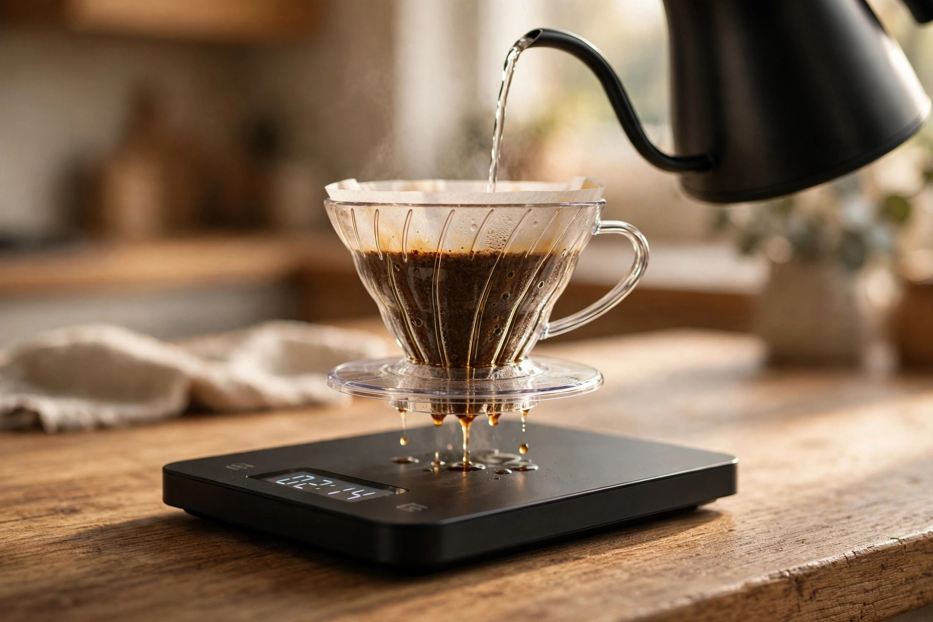 Digital coffee scale with timer under a pour-over dripper on a kitchen counter