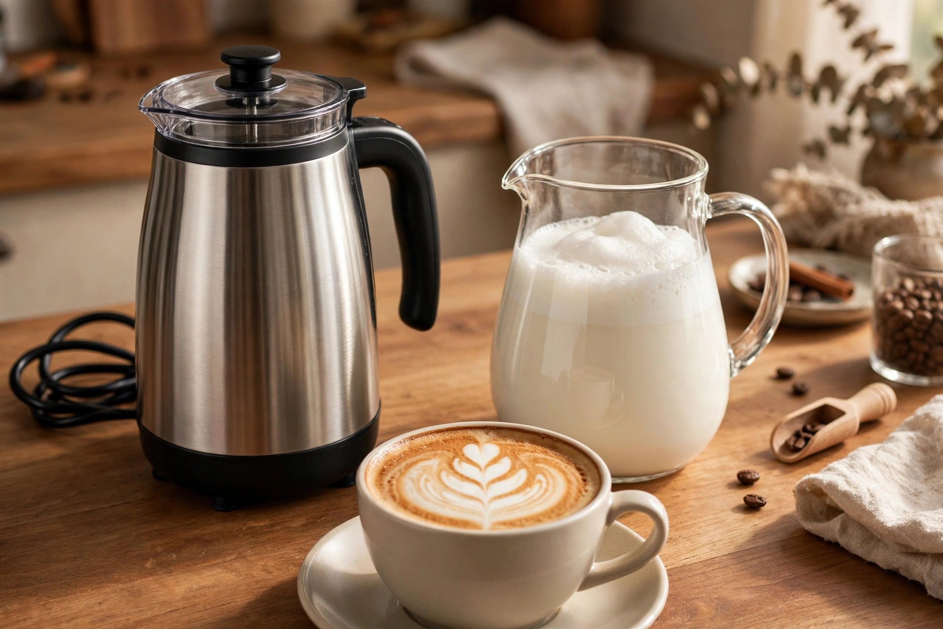 Electric milk frother with frothed milk and a cappuccino with latte art